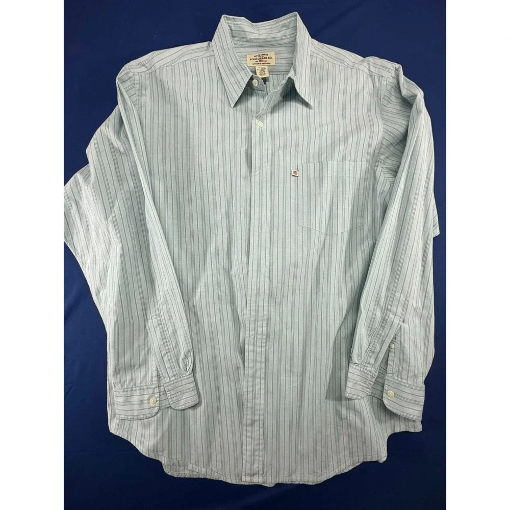 Vintage Ralph Lauren Polo Jeans‎ Men Dress Shirt Striped Green Size XL